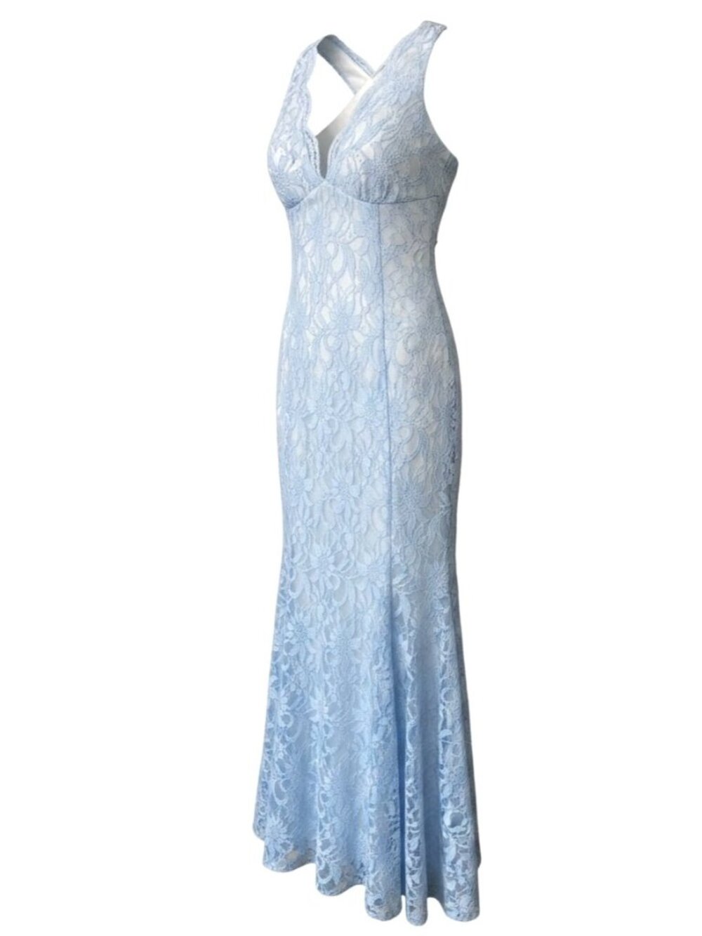 Morgan & Co Light Blue Lace Maxi Dress With Halter Neck & Open Back Size 7
